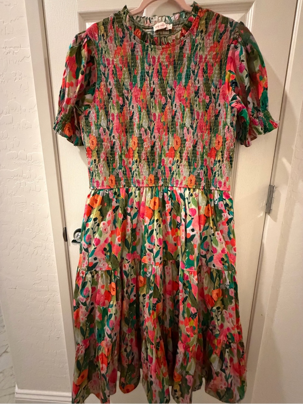 Ivy City Co Floral Smocked Midi Dress in Green, Pink, Orange